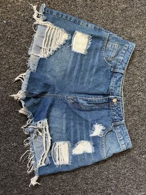 Distressed High-Rise Denim Shorts - Blue